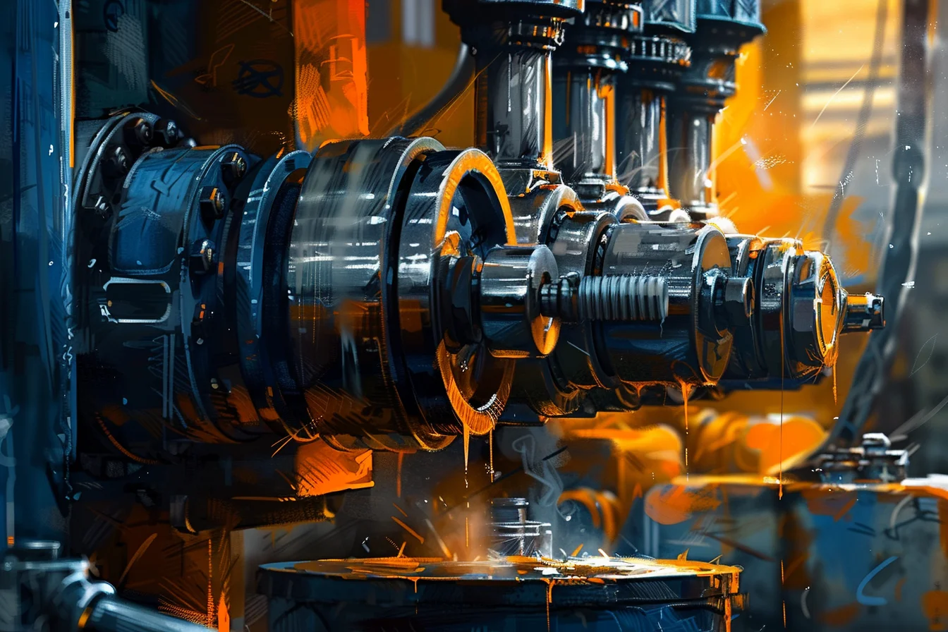 Zbliżenie na układ mechaniczny maszyny ze smarowanym zespołem napędowym, element objęty planem przeglądów